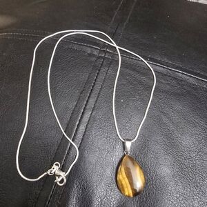 Elegant Tiger Eye Teardrop Pendant with 22 inch Silver Necklace. Handcrafted
